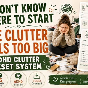 Puede incluir: Sistema de organización ADHD con páginas imprimibles que muestran el texto I DON'T KNOW WHERE TO START THE CLUTTER FEELS TOO BIG. Incluye hojas de Declutter Brain Dump, Doom Pile Breakdown Sheet y Clutter-Free Zone Builder con pasos simples.