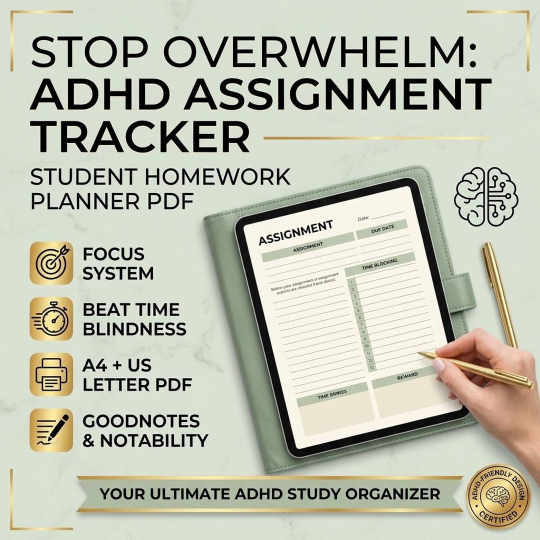 ADHD Assignment Tracker Printable | Student Homework Planner PDF ...