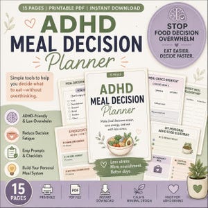 Könnte beinhalten: Ein 15-seitiger, druckbarer ADHD-Mahlzeitenplaner als PDF mit einer sanften Farbpalette. Das Deckblatt zeigt eine Illustration einer Schüssel mit Lebensmitteln und den Text ADHD MEAL DECISION Planner, Stop food decision overwhelm.