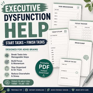 Könnte beinhalten: Ein druckbares PDF-Planer-Set für exekutive Dysfunktion mit Vorlagen für Aufgabenaufteilung, Fokus-Tracker, Tagesplan, Brain Dump und Tageserfolge. Das Design ist in Dunkelgrün und Weiß gehalten und enthält Gehirn-, Ziel- und Herzsymbole.