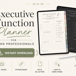 May include: Executive Function Planner for ADHD Professionals digital template with two tablet screens showing light and dark mode layouts, featuring sections for priorities, roadblocks, and focus areas, with an instant download button.
