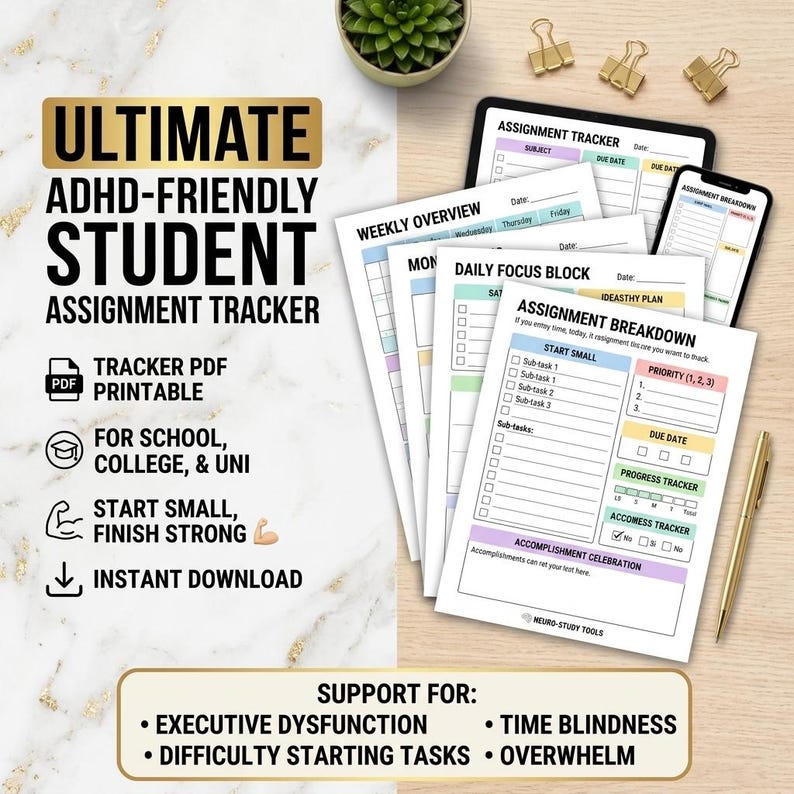 ADHD Assignment Tracker Printable | Student Homework Planner PDF ...