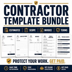 Op de afbeelding: Een Contractor Template Bundle met de tekst "CONTRACTOR TEMPLATE BUNDLE" in marineblauw. De bundel bevat sjablonen voor offertes, werkomschrijving, facturen, voorwaarden en berichtscripts. De tekst "PROTECT YOUR WORK. GET PAID." is ook opgenomen.