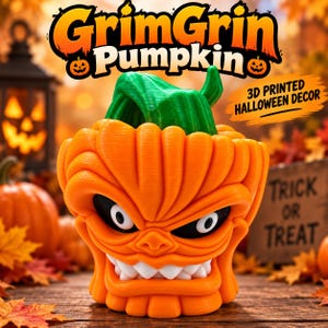 May include: A 3D printed orange pumpkin figurine with a green stem, featuring a menacing facial expression with sharp white teeth and black eye sockets. The text GrimGrin Pumpkin and 3D PRINTED HALLOWEEN DECOR are visible above the object.