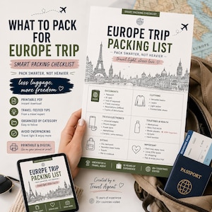 Puede incluir: Una lista de verificación de embalaje inteligente para un viaje a Europa, con un PDF imprimible y consejos de viaje. La imagen incluye una lista de embalaje con categorías para documentos, ropa y tecnología, además de un pasaporte y una tarjeta de embarque.