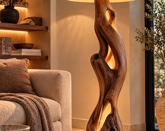 Lámpara de pie escultural de madera, lámpara de pie rústica, iluminación moderna orgánica.
