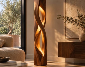Sculptural Wooden Floor Lamp, Modern Walnut LED Lighting, Luxury Home Deco