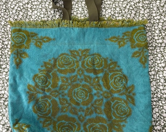 Vintage Up-cycled Large Square-bottomed Turqoise and Brown Towel Tote