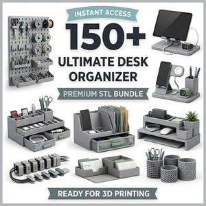 Può includere: Una collezione di organizer da scrivania grigi, tra cui una lavagna forata, vassoi a più livelli e supporti per telefoni e tablet. L'immagine include il testo "150+ ULTIMATE DESK ORGANIZER PREMIUM STL BUNDLE" e "READY FOR 3D PRINTING".
