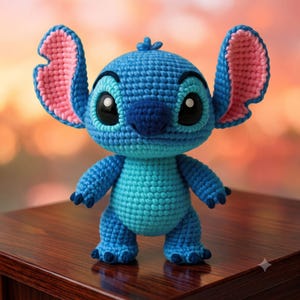 May include: A blue crochet plush toy featuring large ears with pink inner details, a dark blue nose, and black eyes. The character has a round head, a textured yarn body, and small dark blue claws on its hands and feet, crafted in a classic amigurumi style.