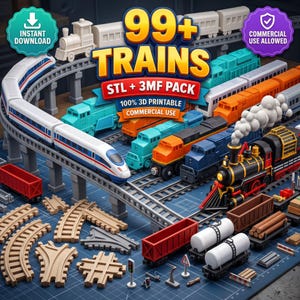 May include: A digital collection of 99+ 3D printable train models in STL and 3MF formats. The image displays various locomotives, passenger cars, freight cars, and wooden track pieces on a blue grid background with text overlays.