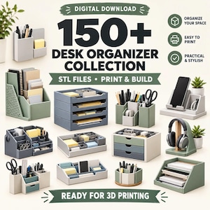 150+ Office Organizers STL Bundle Ready for 3D Printing Desk Storage, Pencil Holder, Phone Stand Popular Models, Collection Digital Download