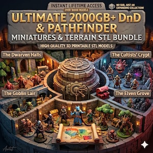 May include: A digital bundle of 3D printable STL models featuring the text ULTIMATE 2000GB+ DnD & PATHFINDER MINIATURES & TERRAIN STL BUNDLE. The image displays various fantasy character miniatures and dungeon terrain sections labeled as The Dwarven Halls, The Cultists' Crypt, The Goblin Lair, and The Elven Grove.