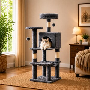 Small Cat Tree for Indoor Cats, Multi Level Cat Tower with Condo, Scratching Posts, Hammock & Top Perch, Kitten Furniture