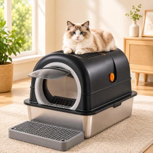May include: A black and silver enclosed cat litter box with a clear swinging door, a top-mounted ventilation grate, and a detachable gray front step. A fluffy white and brown cat is resting on top of the black plastic lid of the litter box.