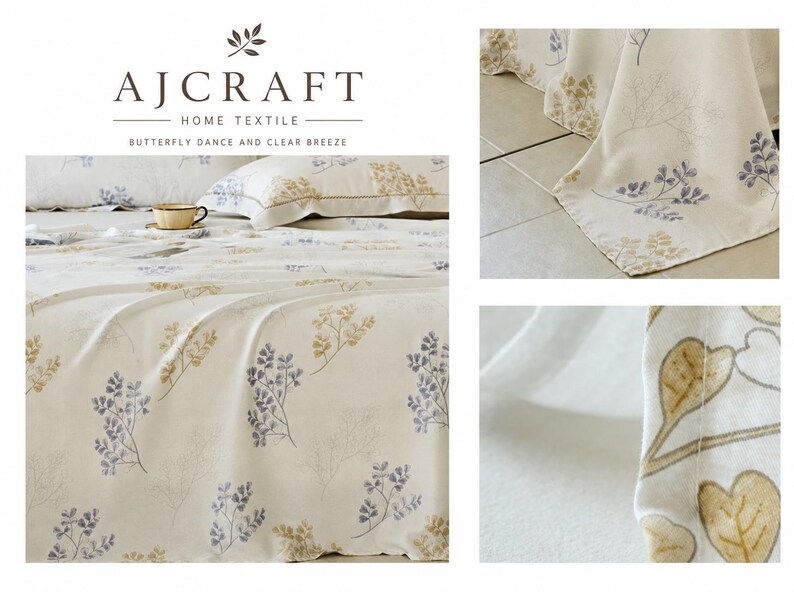 May include: A cream-coloured bed sheet set featuring a repeating botanical pattern of small blue and gold leaves. The text AJCRAFT HOME TEXTILE BUTTERFLY DANCE AND CLEAR BREEZE is printed at the top. The fabric displays a soft texture with visible stitching along the edges of the pillowcases and the main sheet.