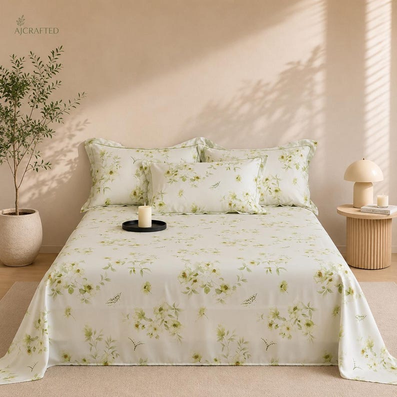May include: A bed set featuring a white sheet and three pillowcases decorated with a light green floral pattern. The bedding is arranged on a bed frame, with a small white candle on a black circular tray placed in the centre of the bed.