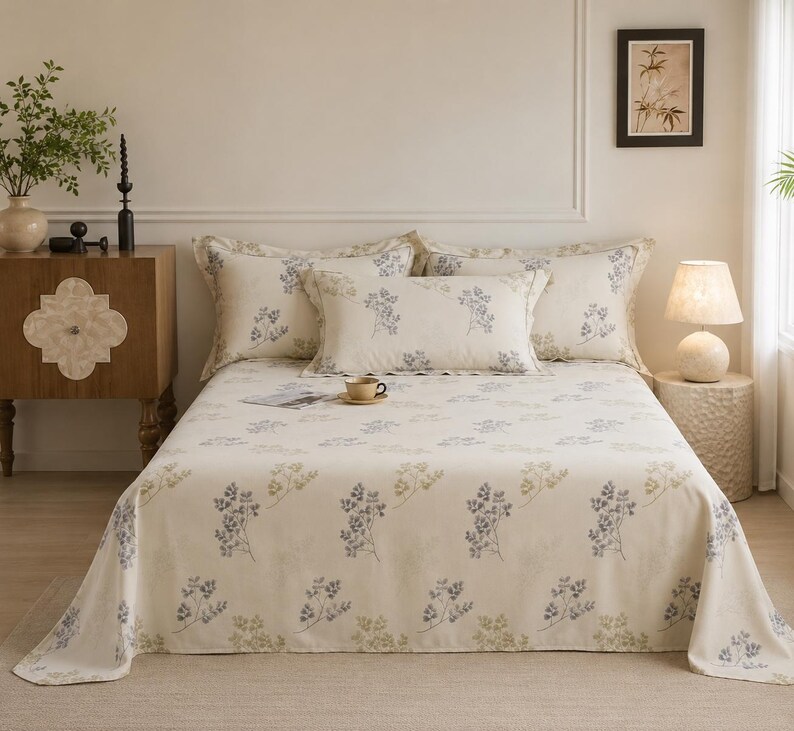 May include: A bed set featuring a cream-coloured bedspread and matching pillowcases decorated with a repeating pattern of small, delicate blue and green floral sprigs. The set includes two standard pillows and one rectangular accent pillow.