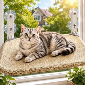Puede incluir: Una percha para gatos de malla beige montada en una ventana con soportes de plástico blanco y cuatro ventosas transparentes. Un gato atigrado gris con ojos verdes está tumbado sobre la plataforma rectangular fijada al cristal por el mecanismo.