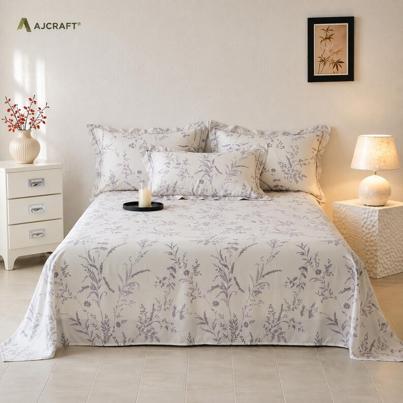 May include: A bedspread and matching pillow shams featuring a light cream background with a repeating pattern of delicate grey botanical illustrations. The bedding set is displayed on a bed with two large pillows and one smaller rectangular accent pillow.