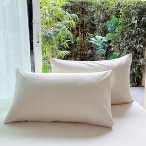 May include: Two rectangular pillows with a solid off-white, textured fabric cover. The pillows are arranged with one positioned slightly in front of the other, featuring clean, straight edges and a simple, uniform appearance across the surface.
