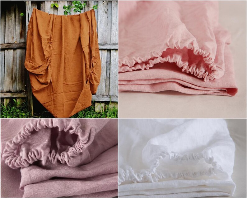 Op de afbeelding: Een collectie hoeslakens in effen kleuren waaronder gebrand oranje, zachtroze, oudroze en wit. Elk laken is voorzien van een elastische rand die ontworpen is om de stof strak om een matras te houden, met een getextureerde, geweven afwerking.