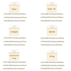 May include: A size chart for bedding sets featuring six categories: Twin, Twin XL, Single, Queen, California King, and King. Each section lists dimensions in inches for one flat sheet, one fitted sheet, and one pillowcase for each bed size.
