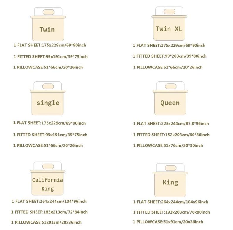 May include: A size chart for bedding sets featuring six categories: Twin, Twin XL, Single, Queen, California King, and King. Each section lists dimensions in inches for one flat sheet, one fitted sheet, and one pillowcase for each bed size.