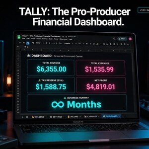 Puede incluir: Una MacBook Pro muestra el "TALLY: The Pro-Producer Financial Dashboard". La pantalla muestra datos financieros, incluyendo los ingresos totales, los gastos, la reserva fiscal y el beneficio neto. El panel se titula "Financial Command Center."