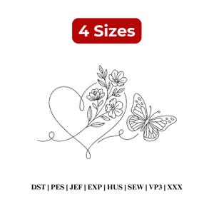 Pode incluir: Um design de bordado em arte de linha preta apresentando um formato de coração entrelaçado com um caule floral e uma borboleta. A imagem inclui o texto vermelho 4 Sizes no topo e os formatos de arquivo DST, PES, JEF, EXP, HUS, SEW, VP3 e XXX na parte inferior.