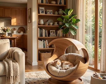 Può includere: Una cuccia sferica in legno con una finitura liscia a venature marrone chiaro e un'apertura circolare. All'interno, un morbido cuscino rotondo color beige sostiene un gatto tigrato arancione e bianco che dorme su una base circolare.
