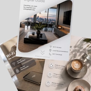 以下が含まれることがあります： 「Your PREMIUM Stay」というタイトルのデジタルガイド。Wi-Fi、地元の推奨事項、コンシェルジュサービスに関する情報が含まれています。ガイドには、モダンなリビングスペース、コーヒー、ドーナツの写真が含まれています。