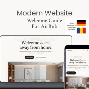 May include: A laptop and smartphone display a website welcome guide for Airbnb. The website features the text "Welcome home, away from home." The image includes flags representing multiple languages, indicating the guide's multilingual support.