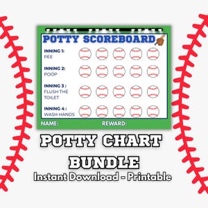May include: A baseball-themed potty scoreboard chart with a green border and white background. It features four innings labeled Pee, Poop, Flush the Toilet, and Wash Hands, each with five baseball icons for tracking progress, plus Name and Reward fields.