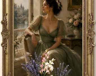 May include: A framed oil painting depicting a person in a sage green dress sitting by a window overlooking a river and castle. In the foreground, two terracotta vases hold lavender and white flowers, all enclosed in an ornate gold frame.