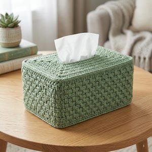 May include: A sage green, rectangular tissue box cover made of crocheted yarn. The cover has a textured, woven pattern and a rectangular opening for tissue dispensing. White tissues are visible. The box is on a wooden table.