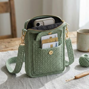 Puede incluir: Un bolso bandolera de ganchillo verde salvia con un compartimento principal con cremallera y un bolsillo frontal asegurado con un broche dorado. La bolsa contiene un teléfono inteligente y tarjetas de crédito. Tiene una correa a juego y herrajes dorados.