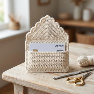 May include: A cream-coloured, crocheted card holder with a scalloped top edge. A credit card is visible inside the pocket. A crochet hook, scissors, and a ball of yarn are on the wooden surface.