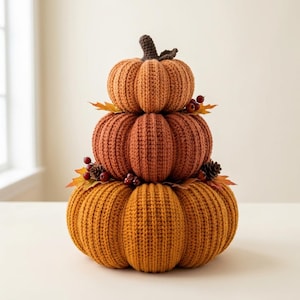 May include: A stacked decorative sculpture consisting of three crocheted pumpkins in varying shades of orange and yellow. The pumpkins are adorned with small artificial maple leaves, brown pinecones, and clusters of red berries tucked between layers.