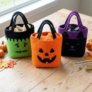 Halloween Trick or Treat Tote Bag Crochet Pattern Jack o Lantern Frankenstein Black Cat PDF Digital Download Beginner
