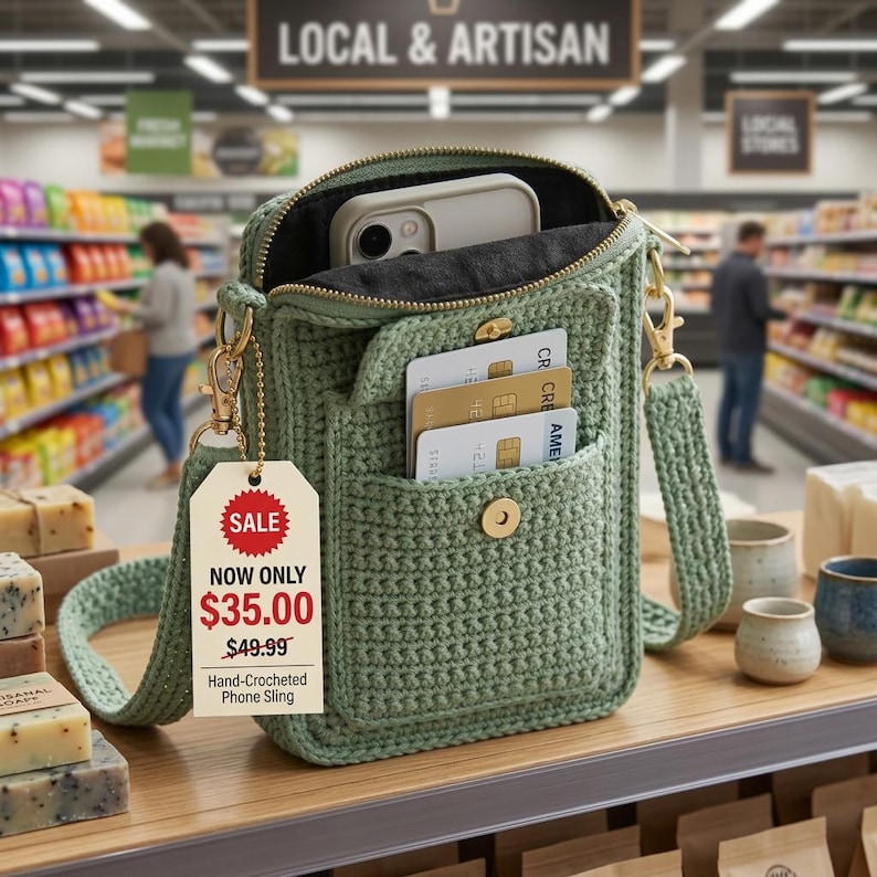 May include: A sage green hand-crocheted phone sling bag featuring a main compartment containing a smartphone, an exterior pocket with a gold-tone snap closure holding three credit cards, and a matching crocheted shoulder strap with gold-tone hardware.