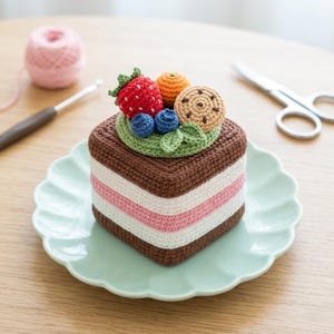 Op de afbeelding: Een gehaakte cake met bruine, witte en roze lagen ligt op een lichtgroene schotel. De bovenkant is versierd met gehaakte aardbeien, bosbessen, een sinaasappel en een koekje. Een bol roze garen, een haaknaald en een schaar staan op de achtergrond.