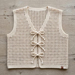 May include: Cream-colored crochet vest with a V-neck and a delicate open weave. The vest features three decorative bows down the front, adding a touch of detail. The sleeveless design and neutral color make it a versatile layering piece.