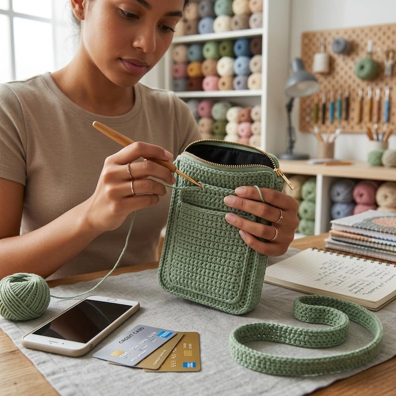 May include: A sage green crocheted crossbody bag with a front pocket, a gold zip closure, and a matching long strap. The bag is crafted with a dense, textured stitch pattern and features a clean, rectangular shape for carrying essentials.