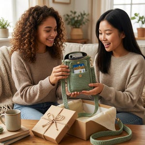 May include: A sage green crochet crossbody bag featuring a rectangular main compartment, a front pocket with a gold-tone snap closure, and a long matching crochet strap. The bag contains a smartphone and several credit cards in the front pocket.