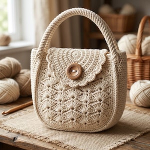 Puede incluir: Bolso de mano de ganchillo color crema, con forma redondeada y asa resistente. El bolso presenta una solapa festoneada asegurada con un gran botón de madera. El intrincado patrón de ganchillo y el color natural le dan una estética rústica y artesanal.