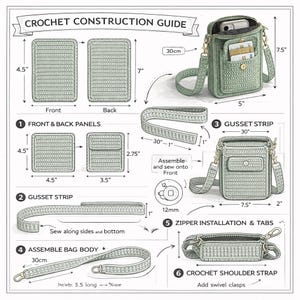 May include: A crochet construction guide for a sage green crossbody bag. The diagram displays panels, a gusset strip, a shoulder strap, and assembly steps with measurements in inches and centimetres, including a 12mm button and 30cm strap length.