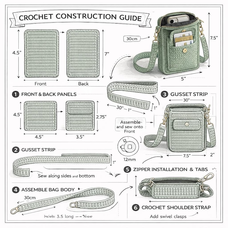May include: A crochet construction guide for a sage green crossbody bag. The diagram displays panels, a gusset strip, a shoulder strap, and assembly steps with measurements in inches and centimetres, including a 12mm button and 30cm strap length.