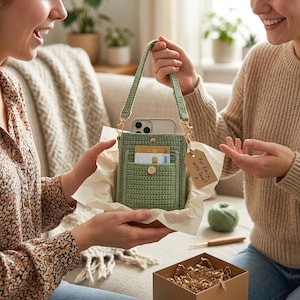 May include: A sage green crocheted crossbody bag with a single strap, a front pocket containing two credit cards, and a gold-tone snap closure. A small brown paper gift tag is attached to the strap with the handwritten text For Emily, with love! x.