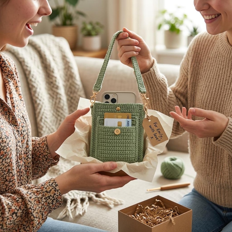 May include: A sage green crocheted crossbody bag with a single strap, a front pocket containing two credit cards, and a gold-tone snap closure. A small brown paper gift tag is attached to the strap with the handwritten text For Emily, with love! x.